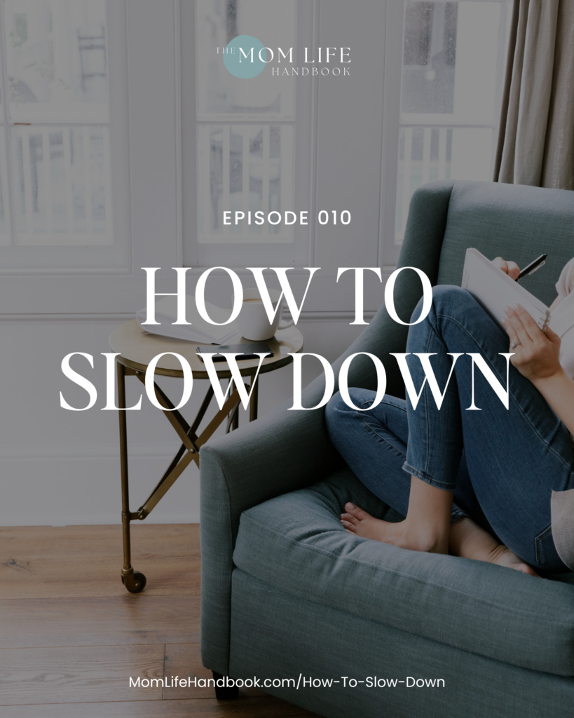 Picture of woman sitting on a chair + journaling with text overlay 'Episode 10: How to slow down'